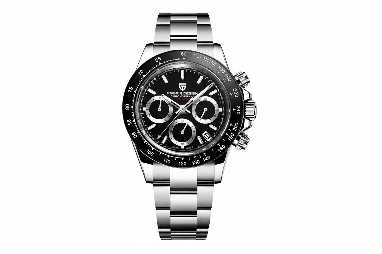 PAGANI DESIGN PD-1664 chronograph watch with black dial reverse panda subdials and black bezel front view