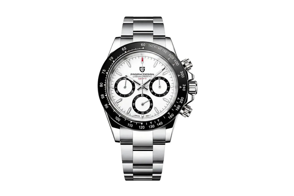 PAGANI DESIGN PD-1664 chronograph watch with white panda dial and black bezel stainless steel bracelet front view