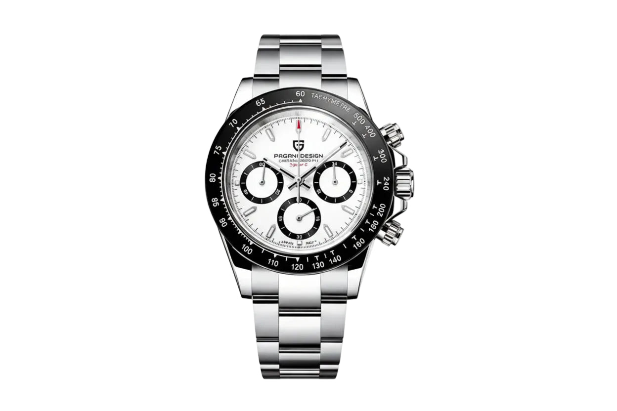 PAGANI DESIGN PD-1664 chronograph watch with white panda dial and black bezel stainless steel bracelet front view