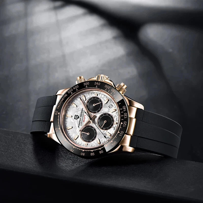 PAGANI DESIGN PD-1664 chronograph watch with meteorite dial rose gold case lifestyle scene