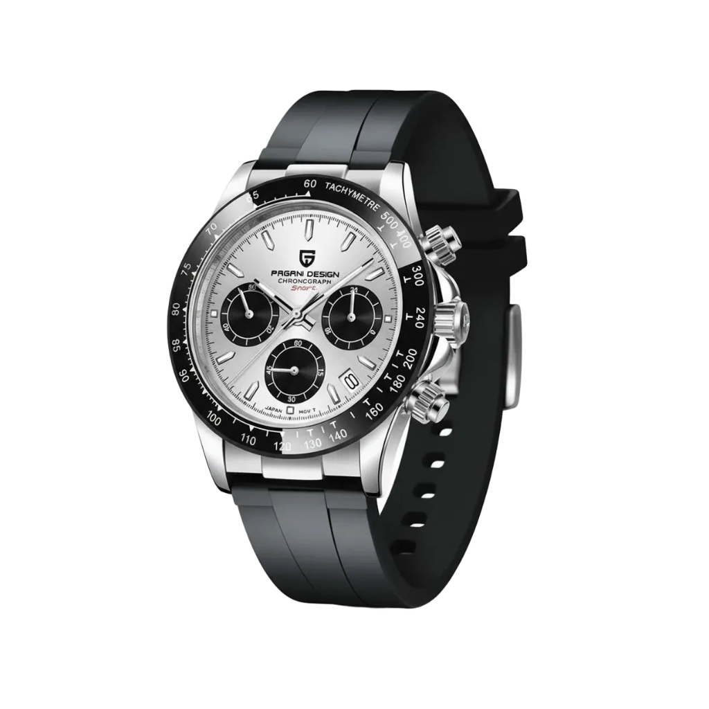 PAGANI DESIGN PD-1664 chronograph watch with white dial silver case and black rubber strap thumbnail