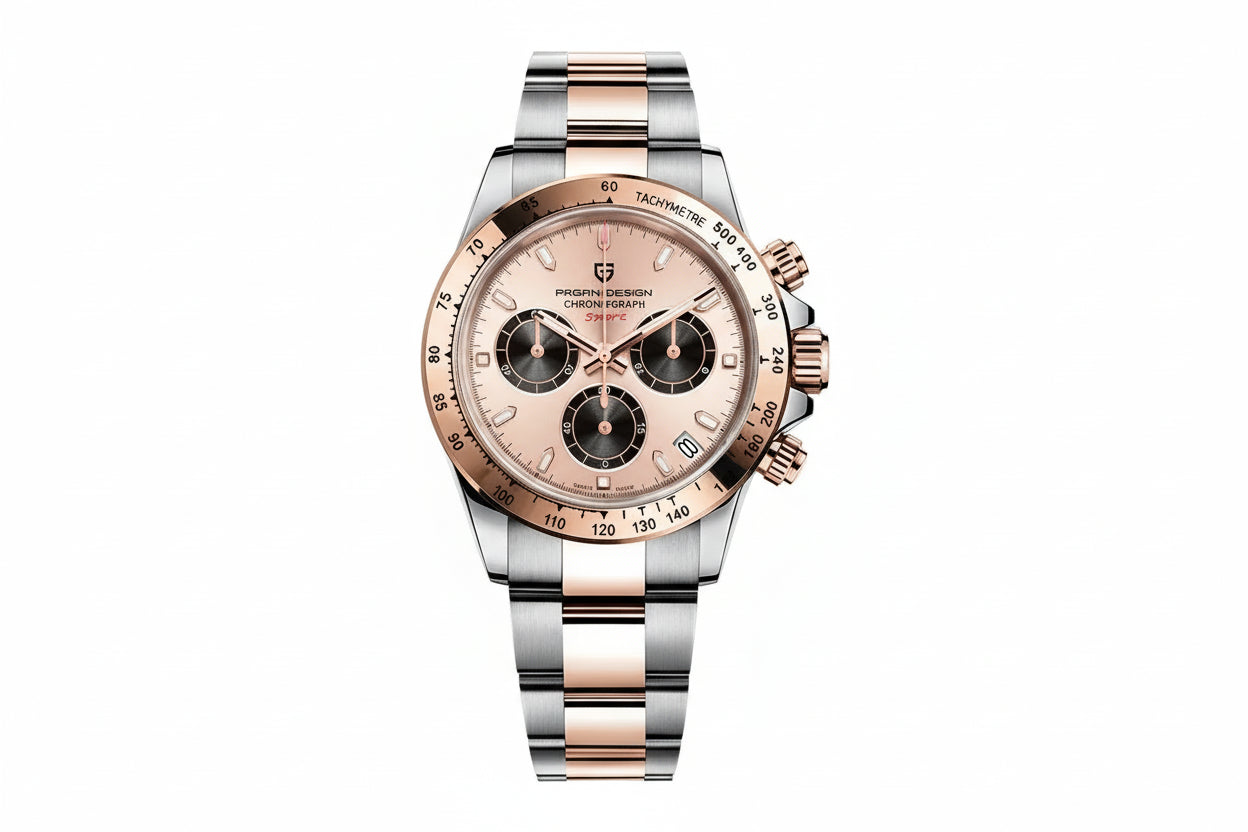 PAGANI DESIGN PD-1664 chronograph watch with rose gold dial black subdials and two-tone bracelet front view