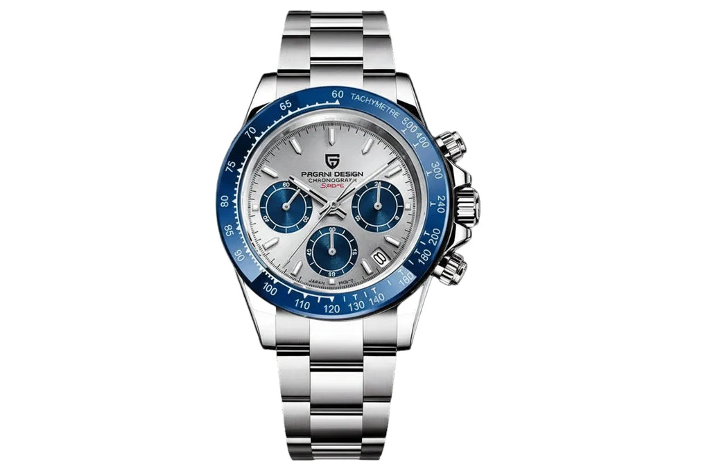 PAGANI DESIGN PD-1664 chronograph watch with silver dial blue subdials and blue bezel front view