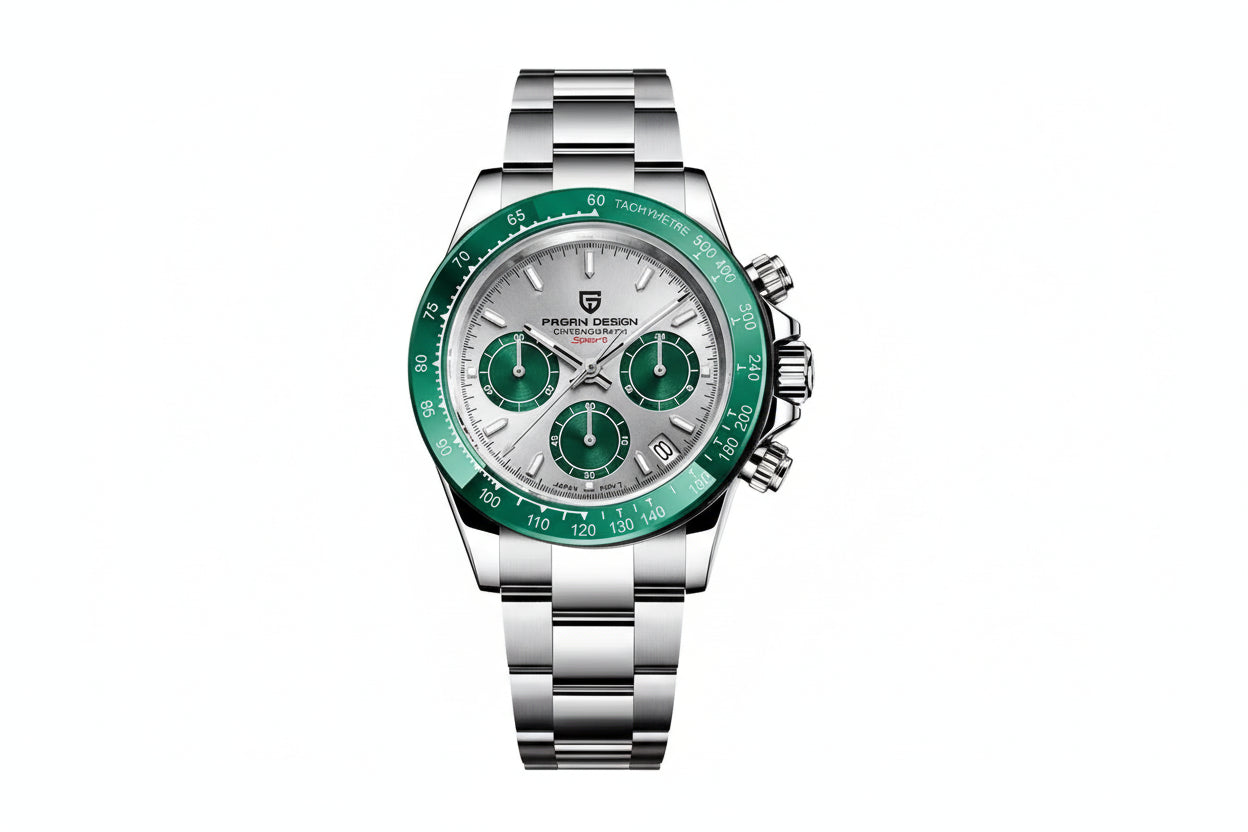 PAGANI DESIGN PD-1664 chronograph watch with silver dial green subdials and green bezel front view