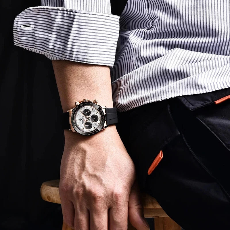 PAGANI Design PD-1664 chronograph with meteorite dial worn on wrist with striped shirt