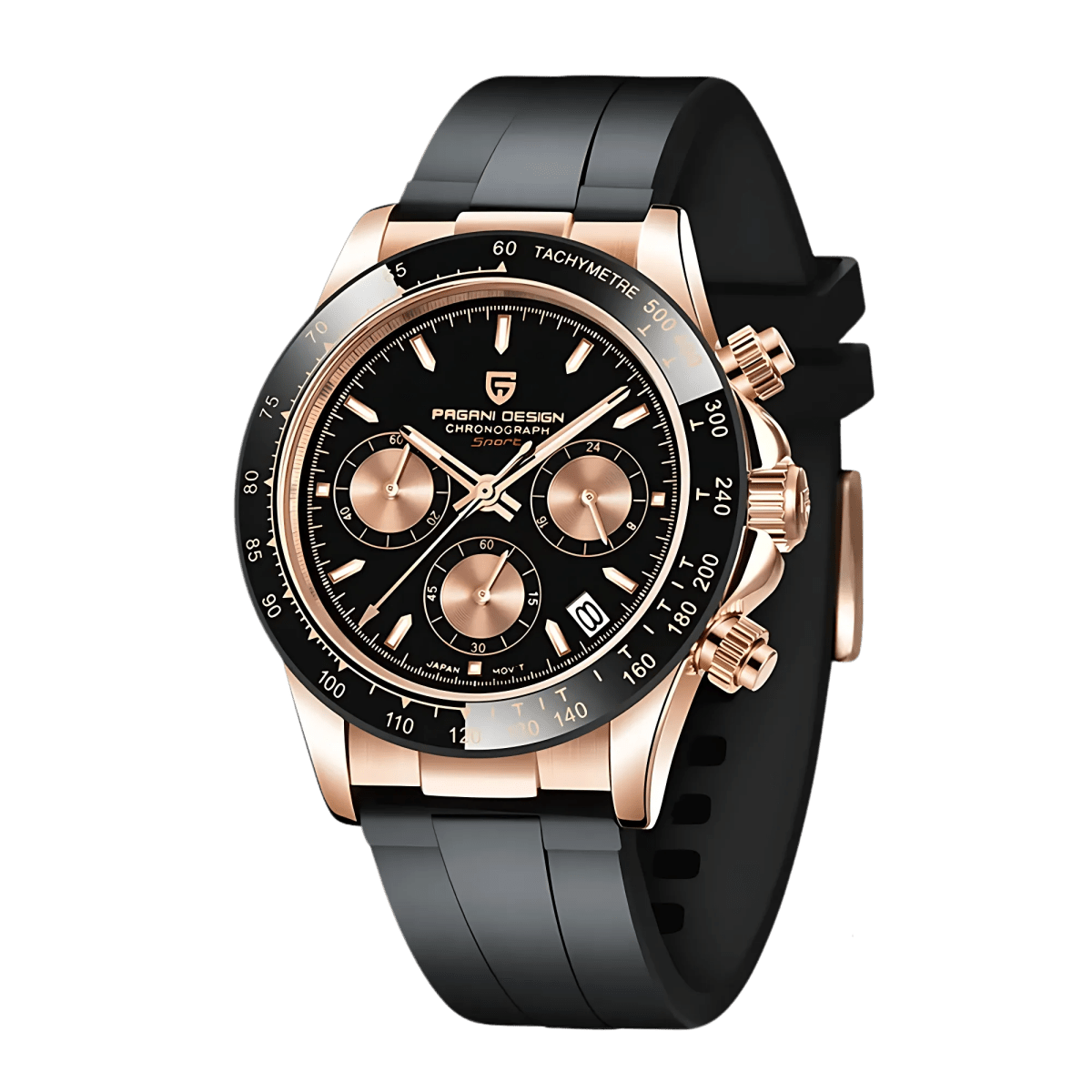 Pagani Design PD-1664 chronograph rubber strap watch with gold black dial