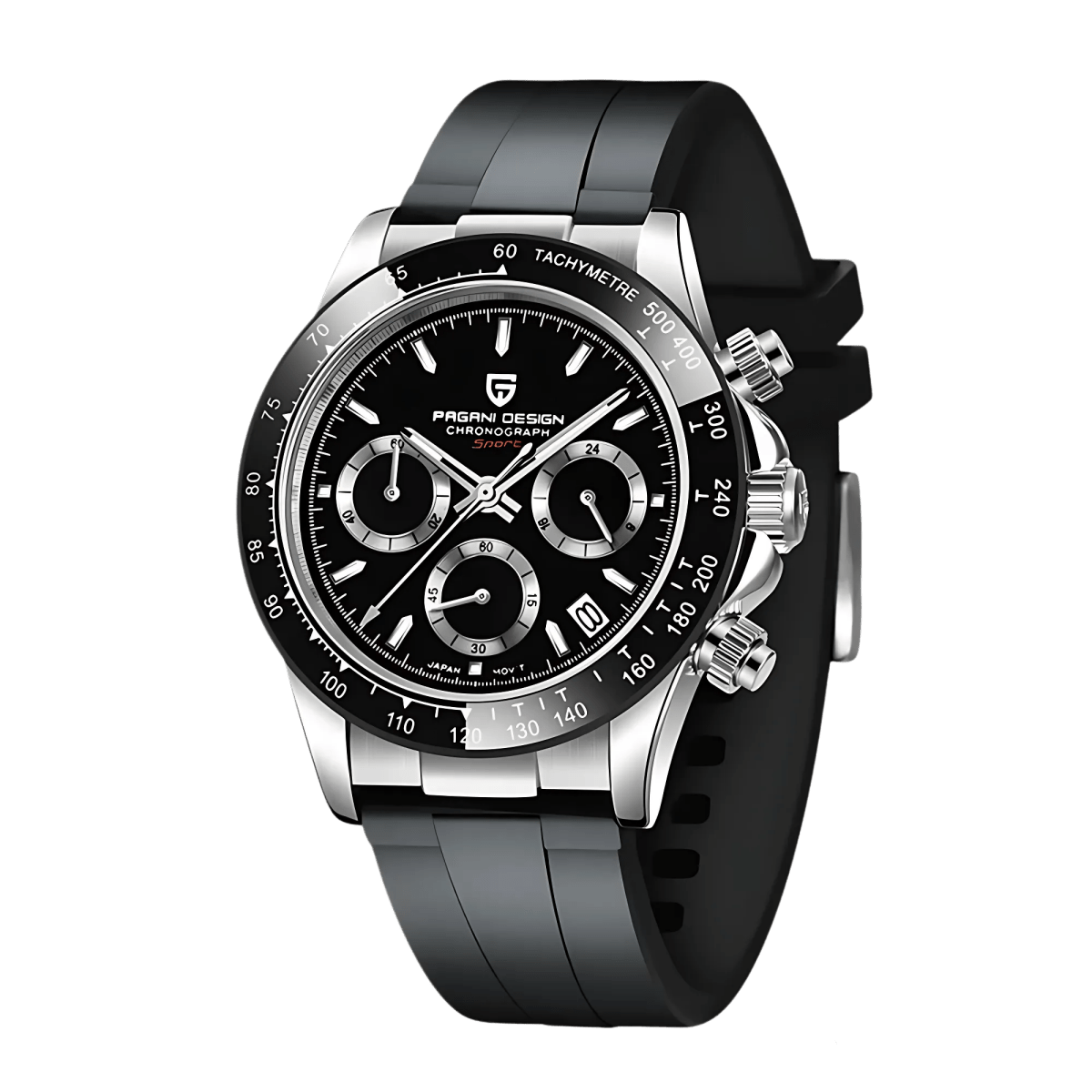 Pagani Design PD-1664 chronograph rubber strap watch with rubber black dial