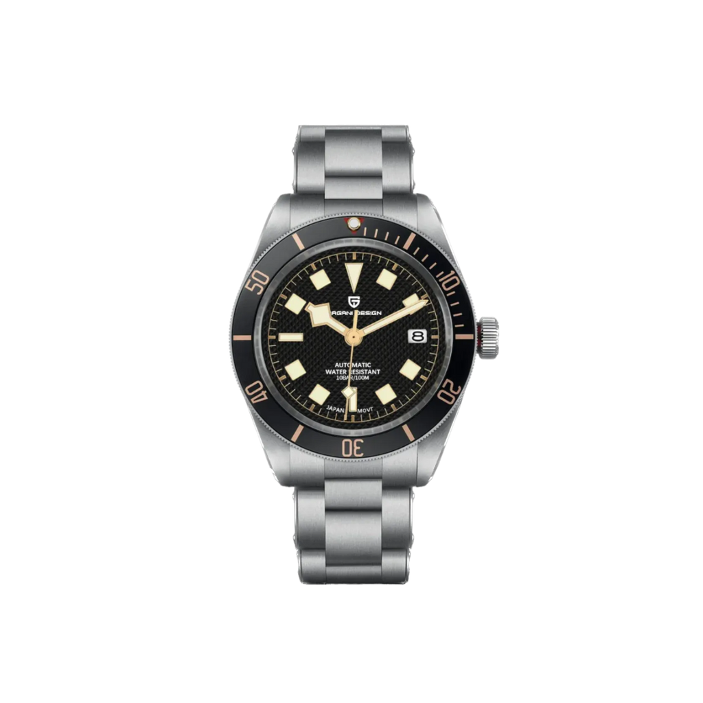PAGANI DESIGN PD-1671 automatic diver watch with black dial and black bezel, front view