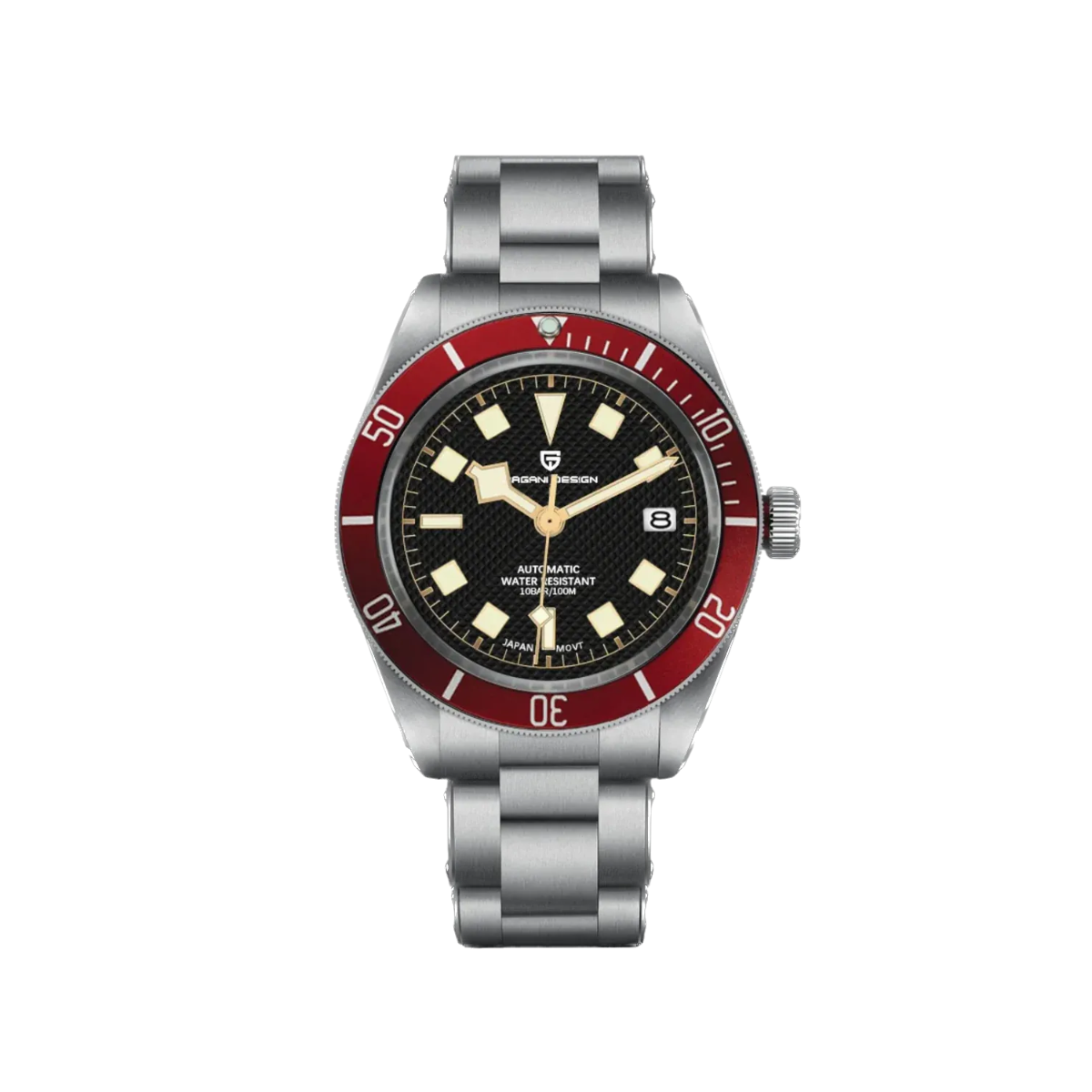 PAGANI DESIGN PD-1671 automatic diver watch with black dial and red bezel, front view