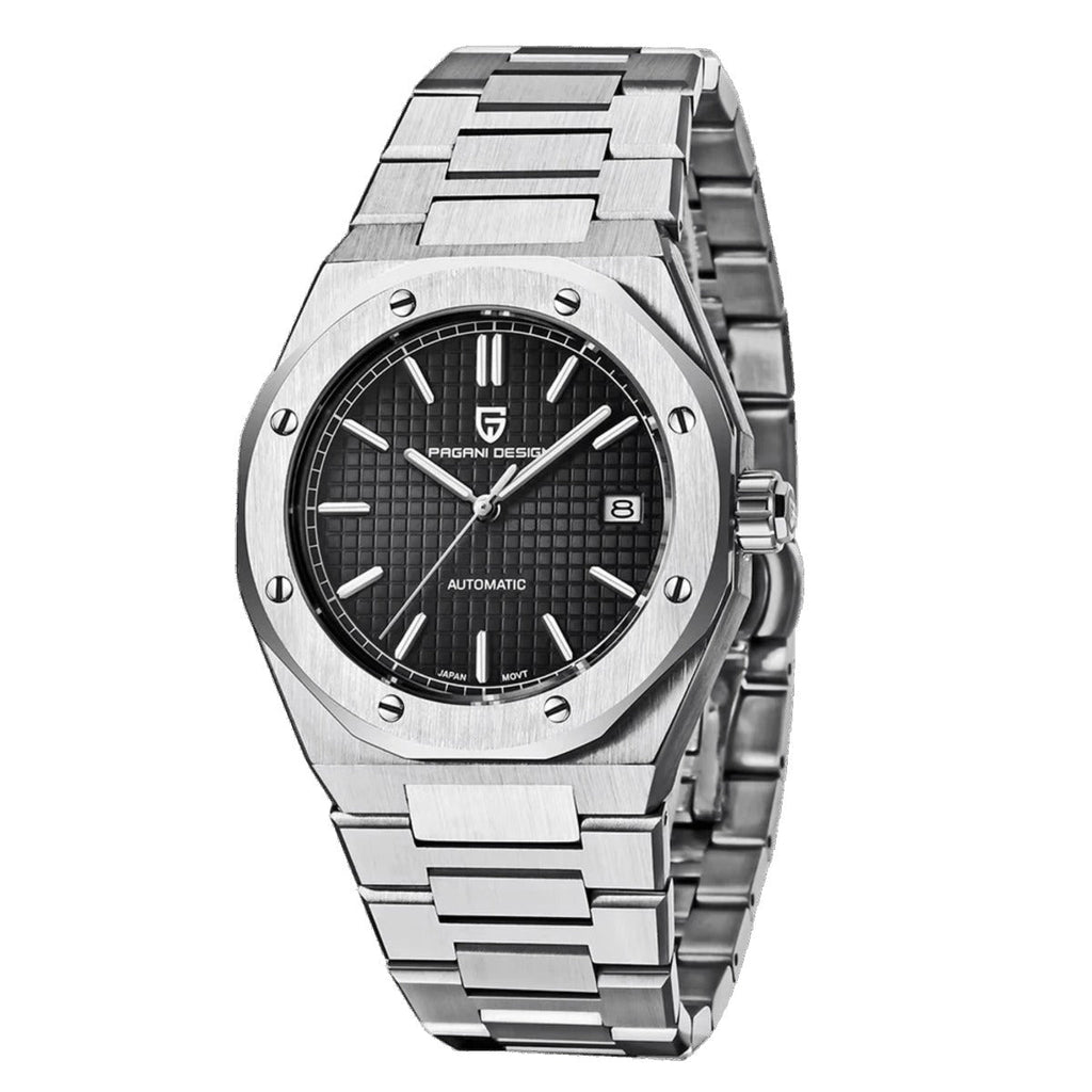 Pagani Design PD-1673 black textured dial with octagonal stainless steel case and integrated bracelet