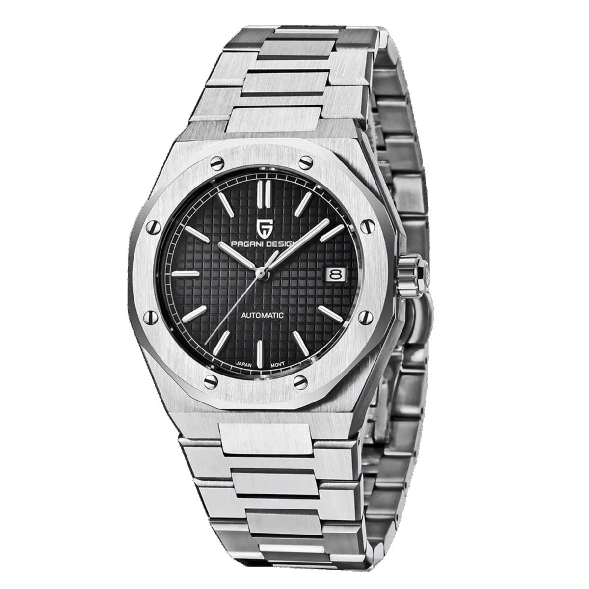 Pagani Design PD-1673 black textured dial with octagonal stainless steel case and integrated bracelet