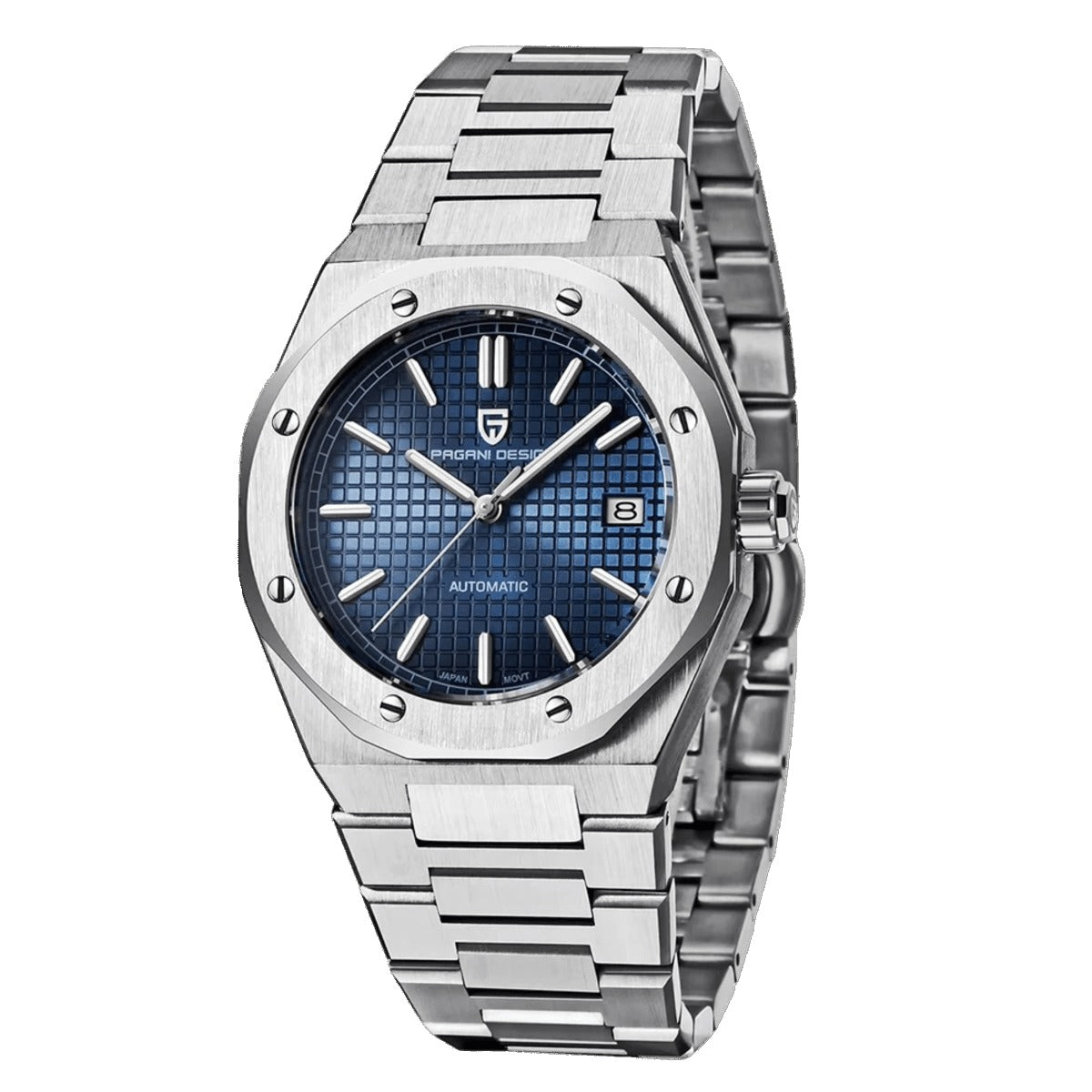 Pagani Design PD-1673 blue waffle dial, octagonal steel case and integrated bracelet, automatic