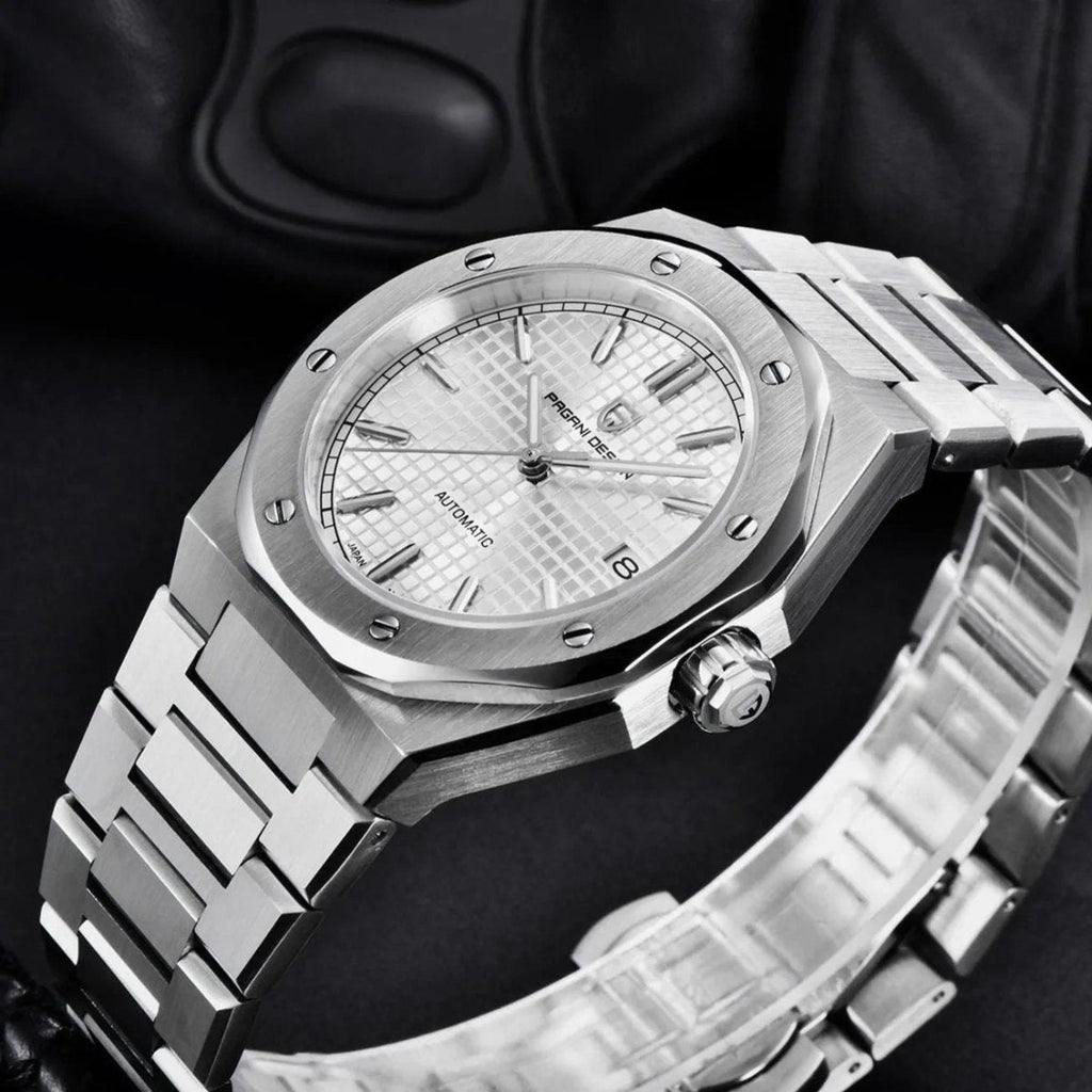 Pagani Design PD-1673 white dial side angle showing the fluted crown and brushed case flank