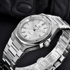 Pagani Design PD-1673 white dial side angle showing the fluted crown and brushed case flank