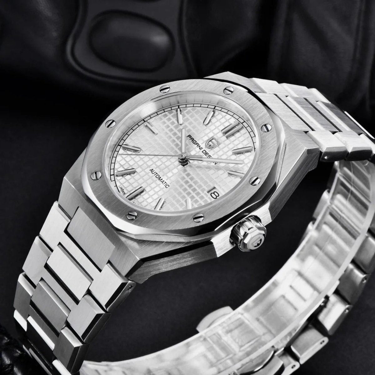 Pagani Design PD-1673 white dial side angle showing the fluted crown and brushed case flank