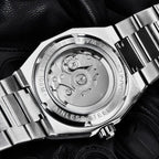 Pagani Design PD-1673 exhibition caseback showing the automatic movement and 100M steel case marks