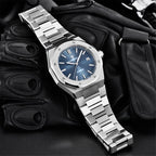 Pagani Design PD-1673 blue dial flatlay on black gloves with the steel bracelet fully extended