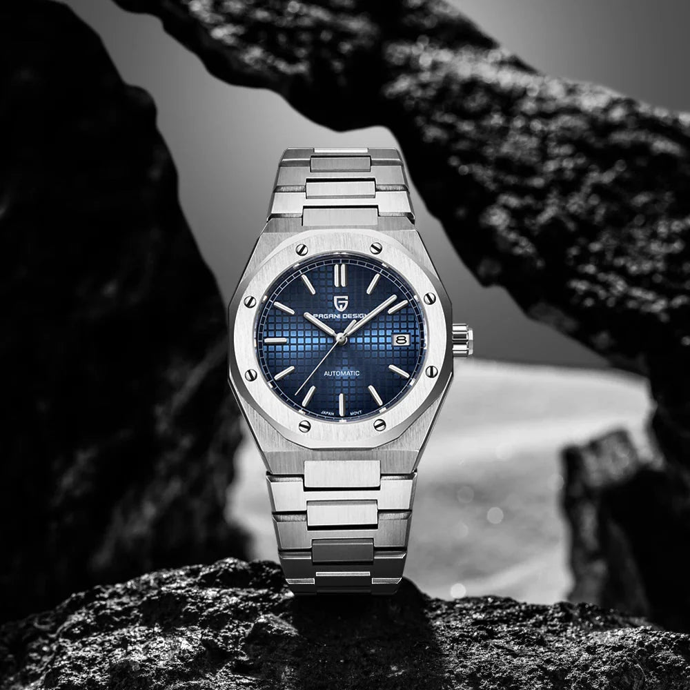 Pagani Design PD-1673 blue dial upright on rock, showing octagonal bezel screws and date window