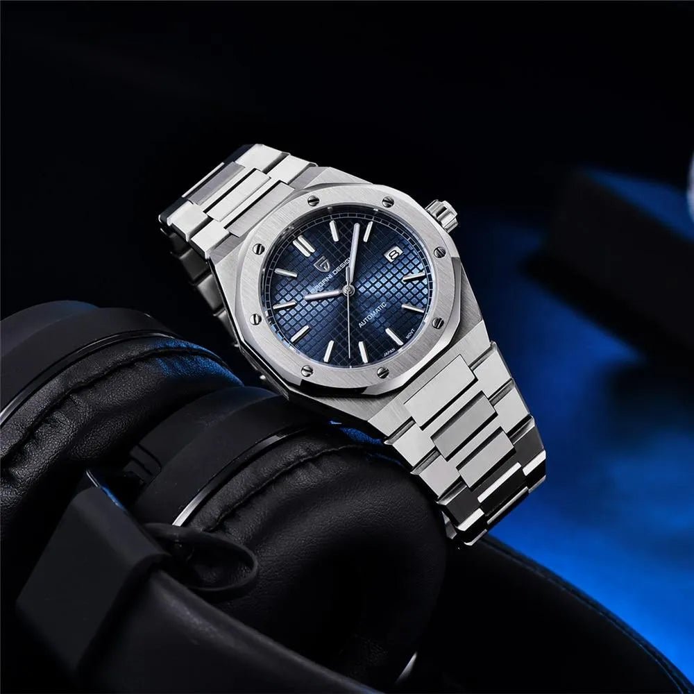 Pagani Design PD-1673 blue dial angled on headphones, highlighting the polished octagonal bevels