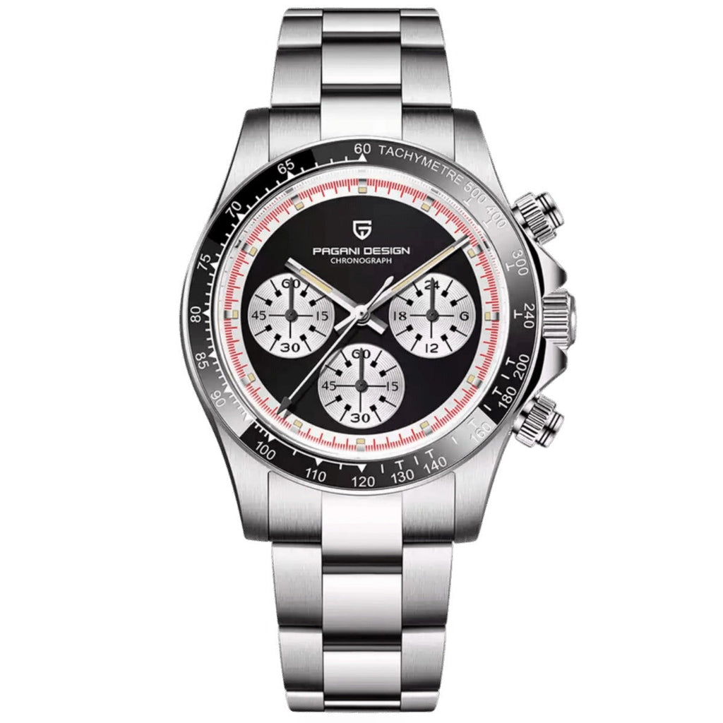 Pagani Design PD-1676 black reverse-panda dial chronograph on a stainless steel bracelet