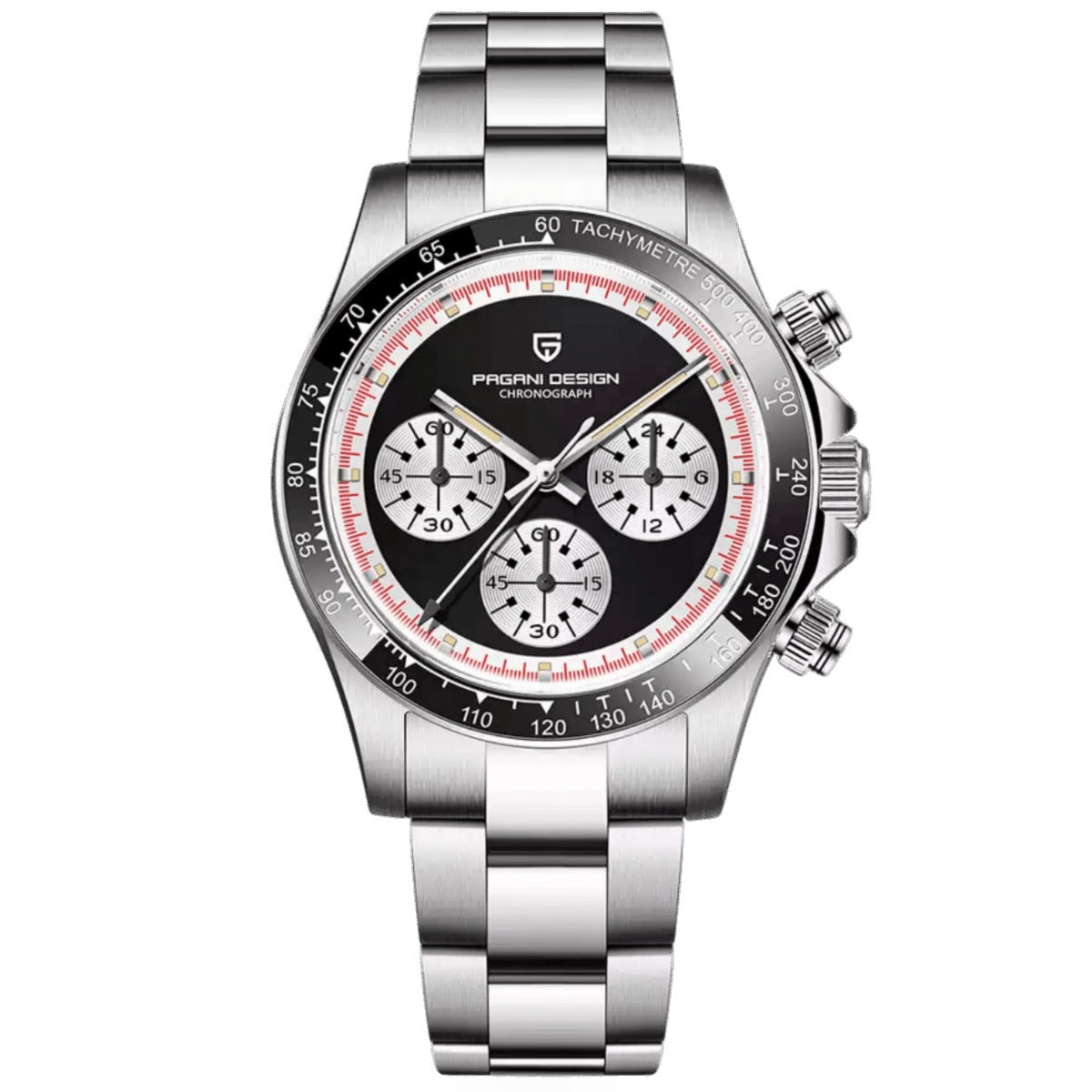 Pagani Design PD-1676 black reverse-panda dial chronograph on a stainless steel bracelet