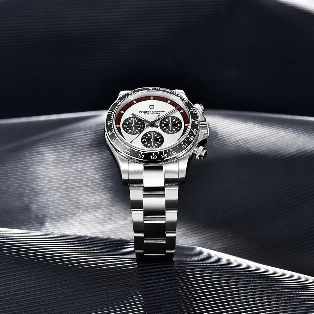 Pagani Design PD-1676 panda dial with red accent ring and three chronograph sub-dials