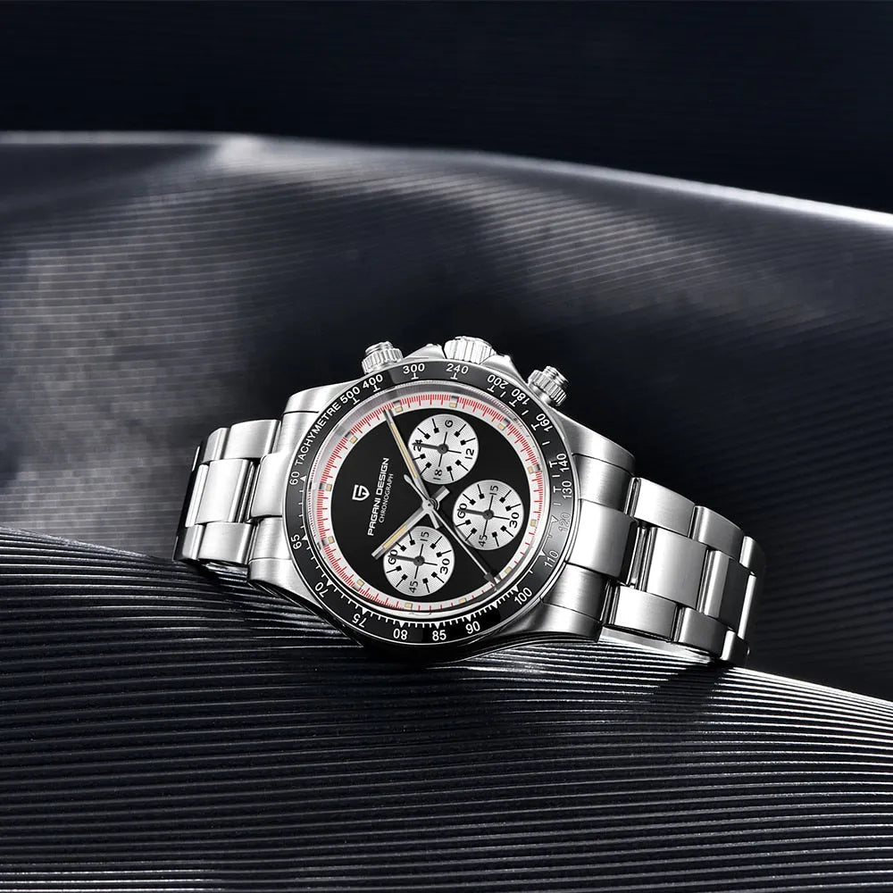 Pagani Design PD-1676 black dial chronograph with white sub-dials and pink minute track