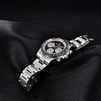 Pagani Design PD-1676 black dial chronograph showing crown, pushers and bracelet clasp