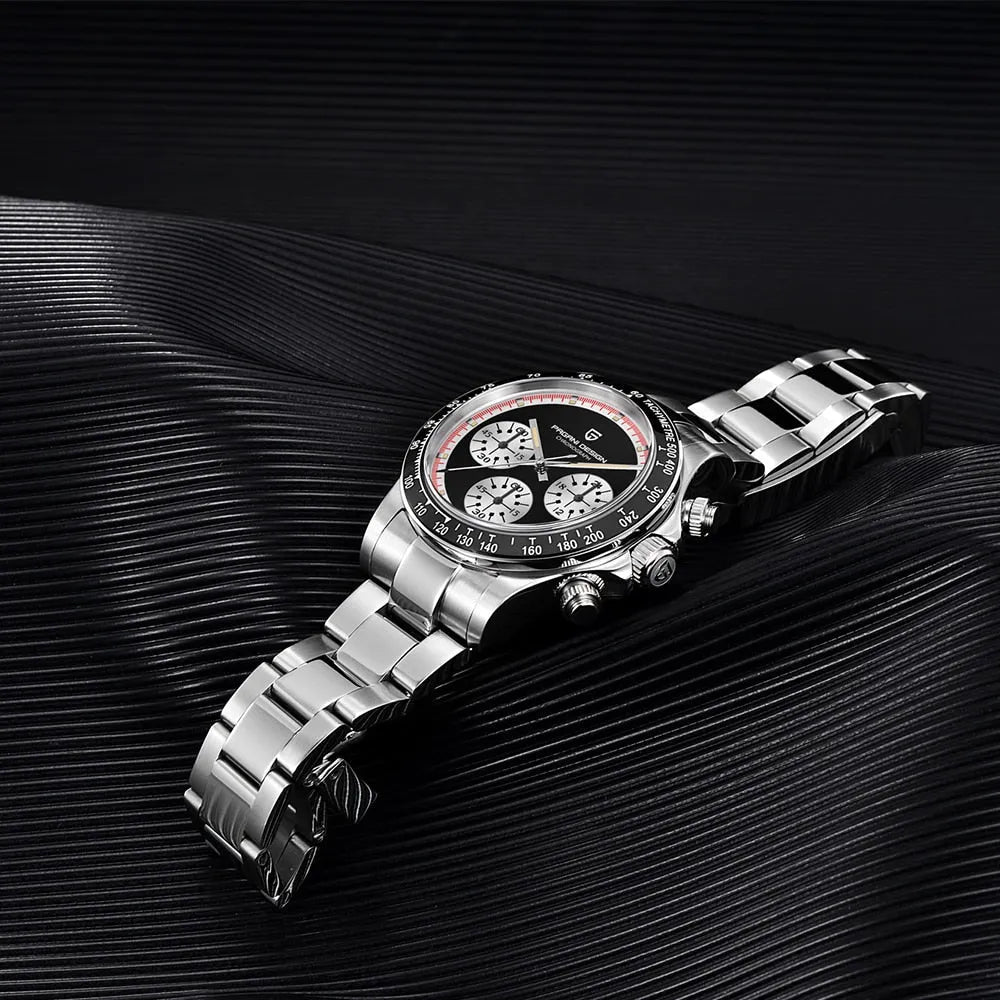 Pagani Design PD-1676 black dial chronograph showing crown, pushers and bracelet clasp