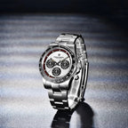 Pagani Design PD-1676 white panda chronograph angled to show its brushed steel bracelet