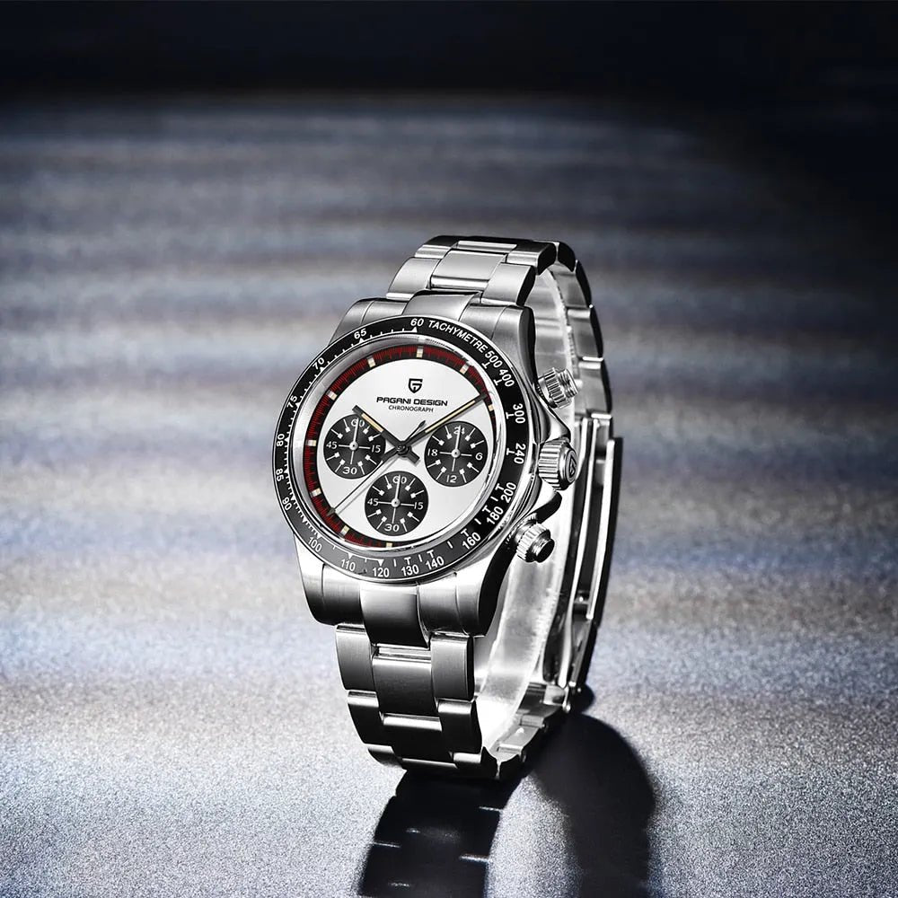 Pagani Design PD-1676 white panda chronograph angled to show its brushed steel bracelet