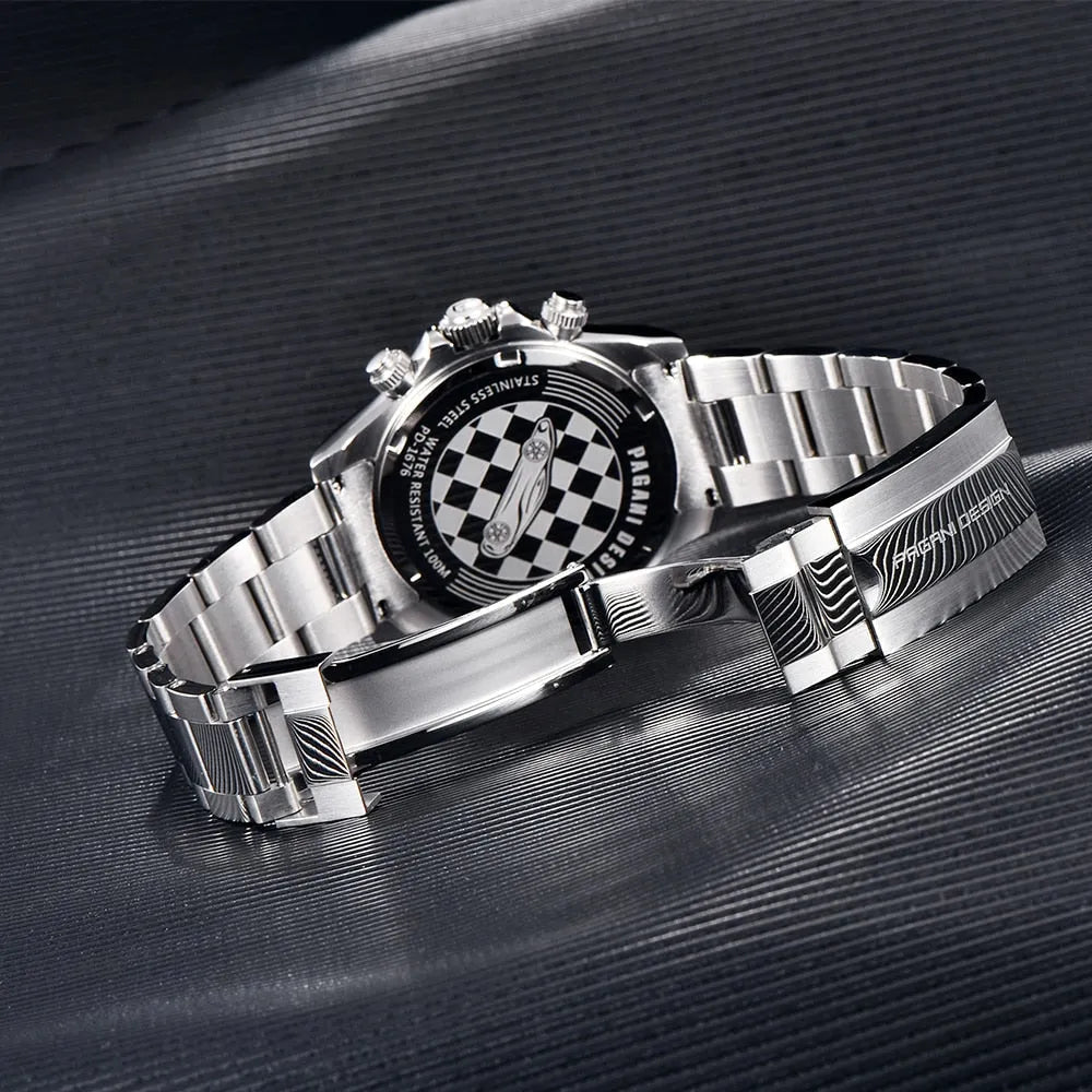 Pagani Design PD-1676 chequered-flag engraved caseback with the folding bracelet clasp