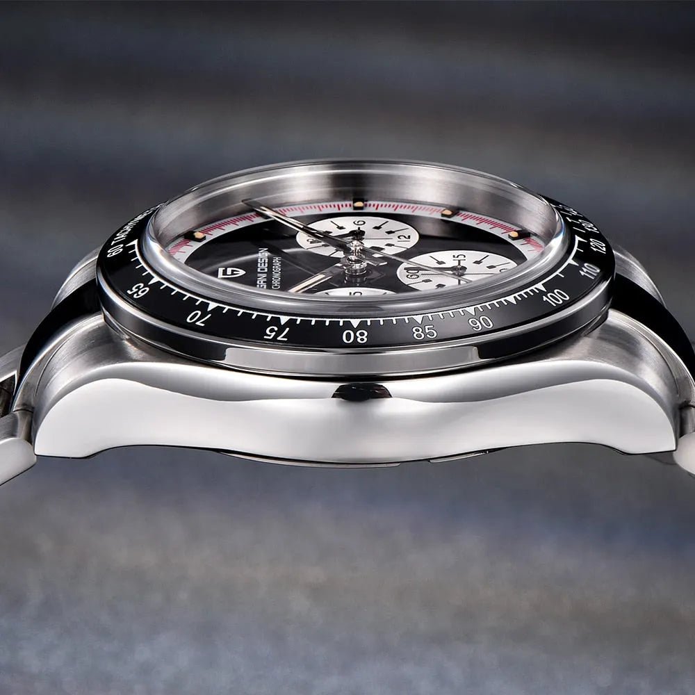 Pagani Design PD-1676 side profile showing the polished case flank and tachymetre bezel edge