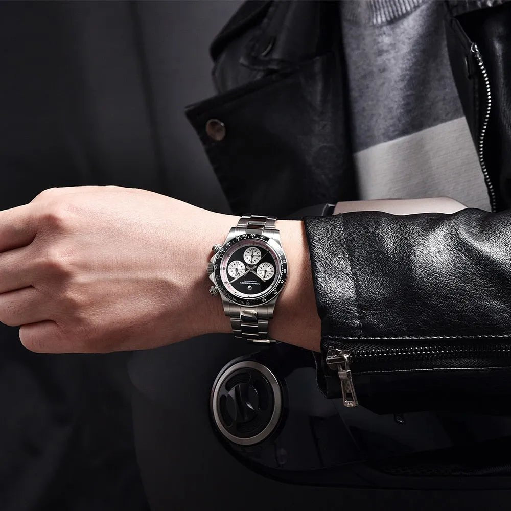 Pagani Design PD-1676 white dial chronograph worn on a wrist with a leather jacket