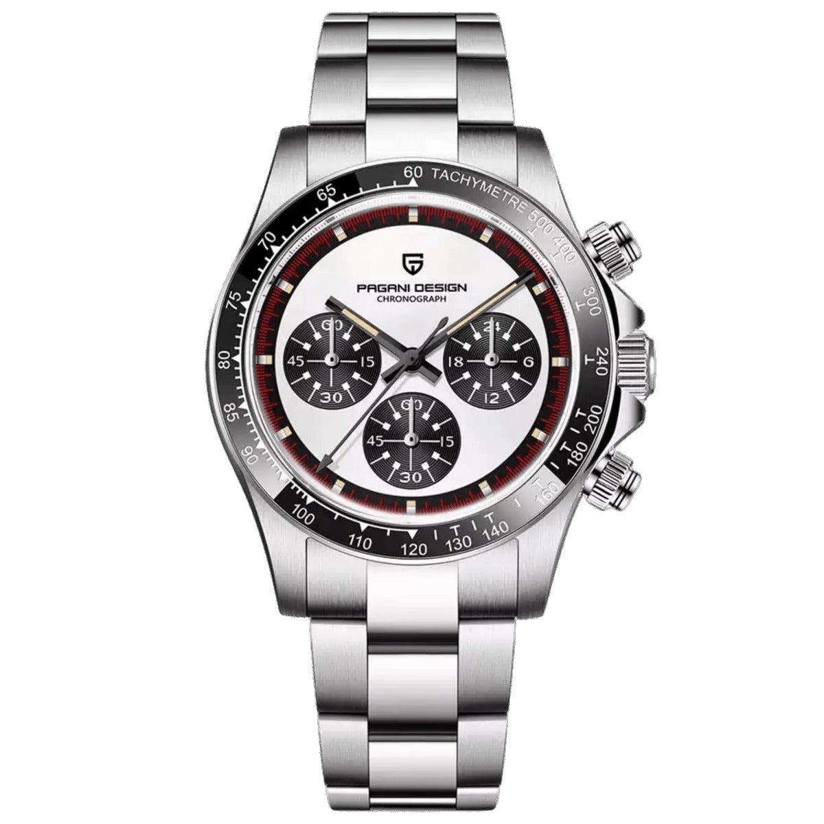 Pagani Design PD-1676 white panda dial chronograph, black tachymetre bezel and steel bracelet