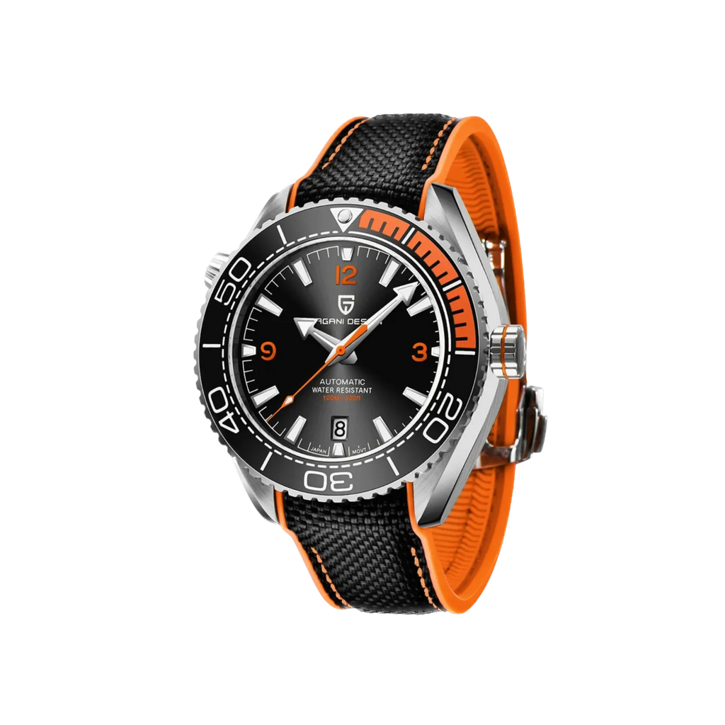 PAGANI DESIGN PD-1679 automatic watch with black dial and orange rubber strap, front view