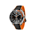 PAGANI DESIGN PD-1679 automatic watch with black dial and orange rubber strap, front view