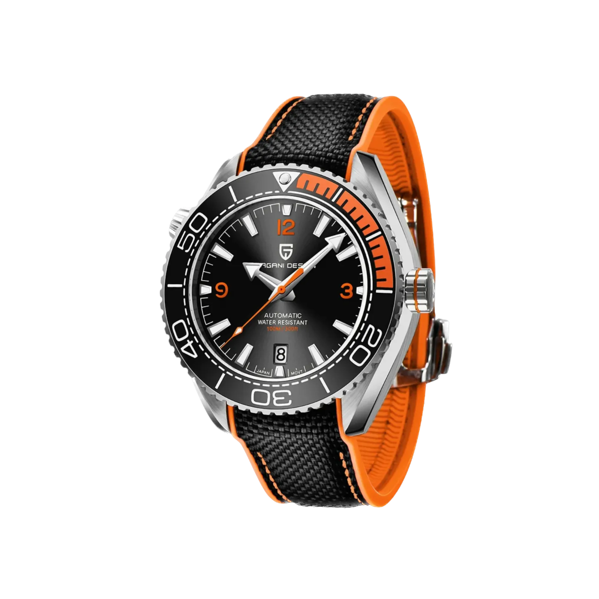 PAGANI DESIGN PD-1679 automatic watch with black dial and orange rubber strap, front view