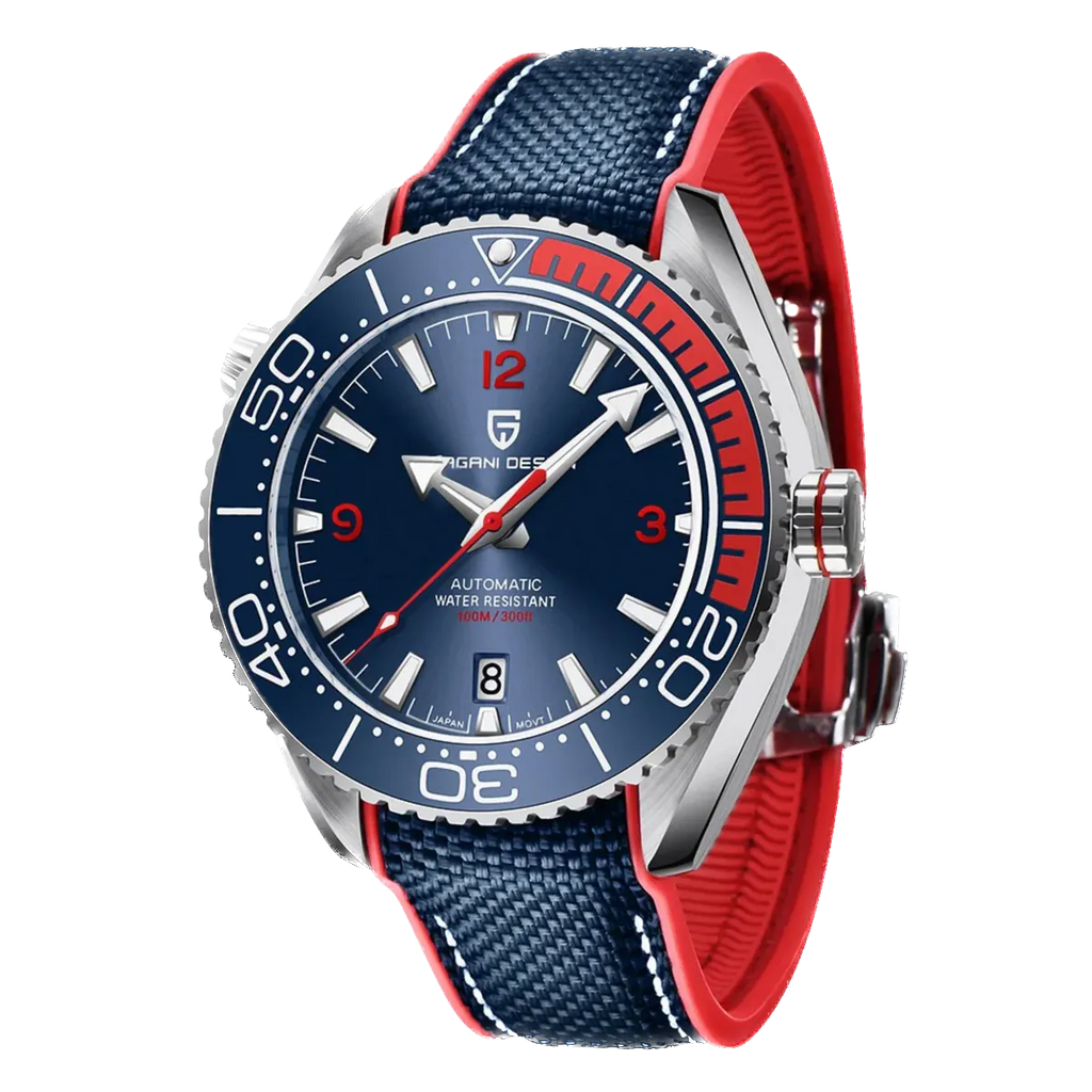 PAGANI DESIGN PD-1679 automatic watch with blue dial and red rubber strap, front view