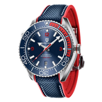 PAGANI DESIGN PD-1679 automatic watch with blue dial and red rubber strap, front view
