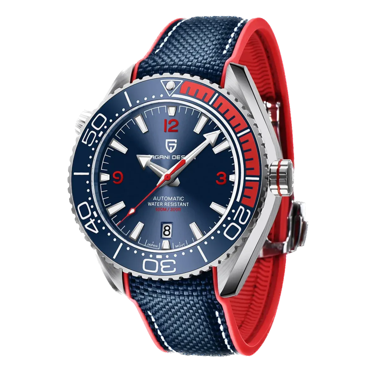 PAGANI DESIGN PD-1679 automatic watch with blue dial and red rubber strap, front view