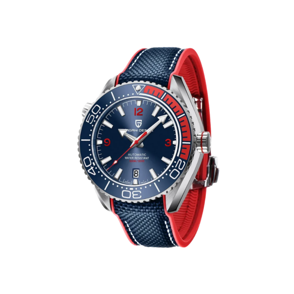 PAGANI DESIGN PD-1679 automatic watch with blue dial and blue red rubber strap, angled view