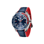 PAGANI DESIGN PD-1679 automatic watch with blue dial and blue red rubber strap, angled view