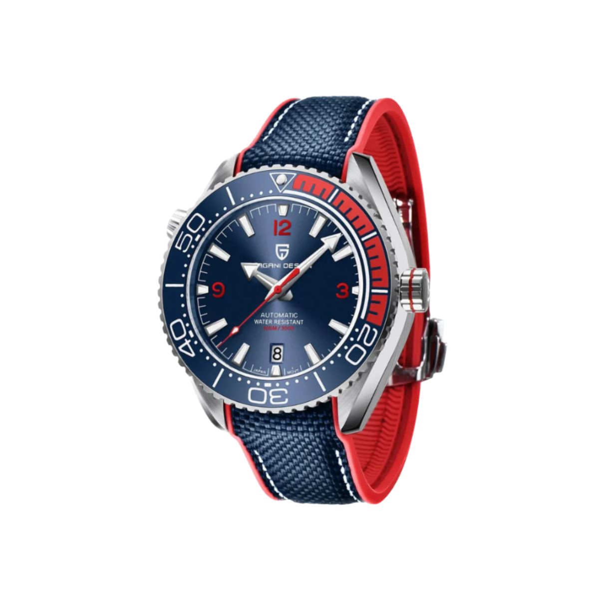 PAGANI DESIGN PD-1679 automatic watch with blue dial and blue red rubber strap, angled view
