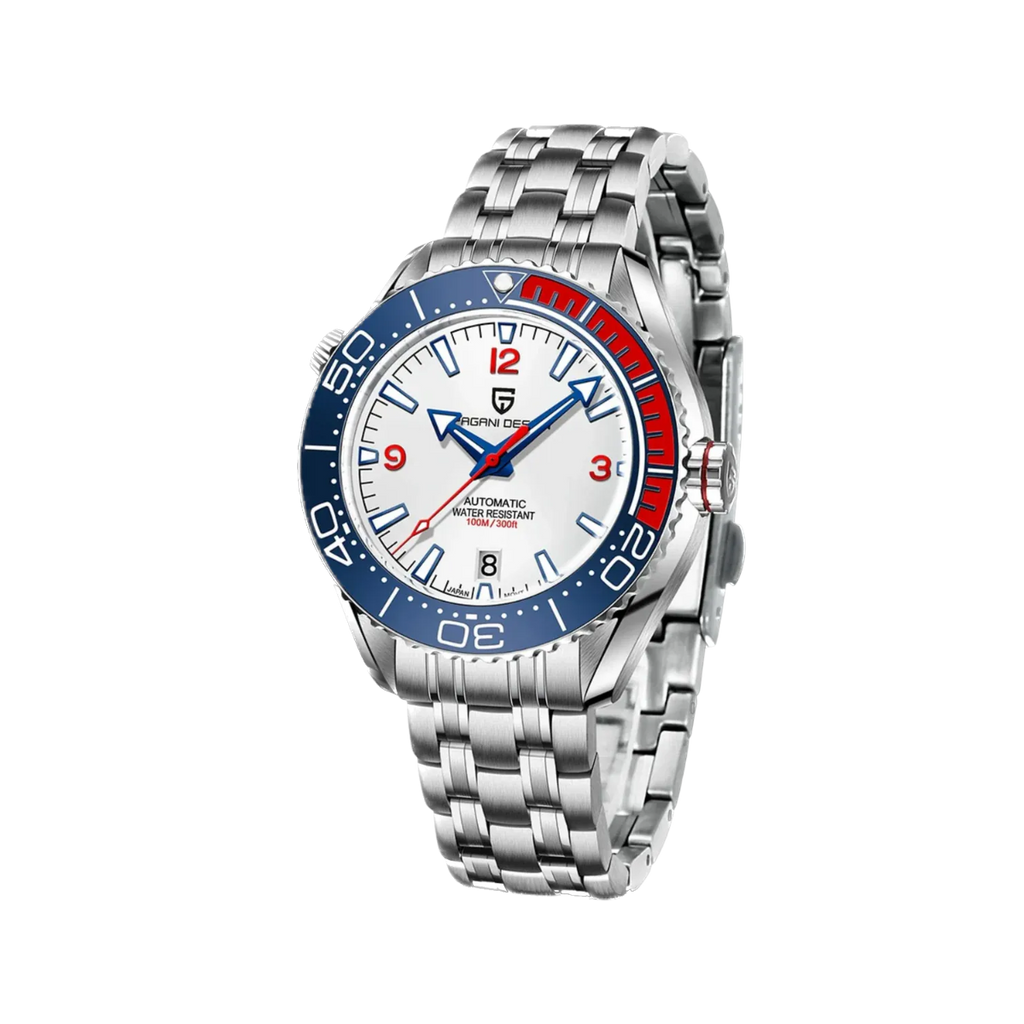 PAGANI DESIGN PD-1679 automatic watch with white dial blue bezel and red rubber strap detail