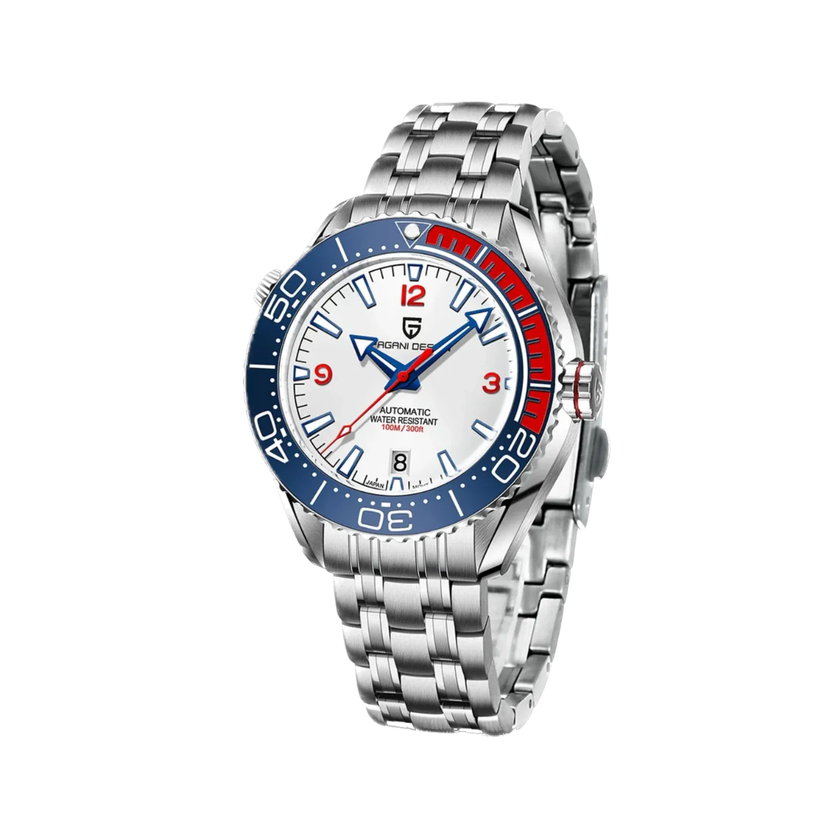 PAGANI DESIGN PD-1679 automatic watch with white dial blue bezel and red rubber strap detail