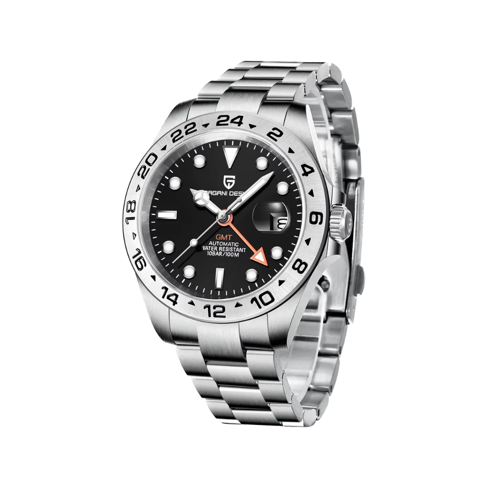 PAGANI DESIGN PD-1682 GMT Explorer II with black dial and steel jubilee bracelet front view