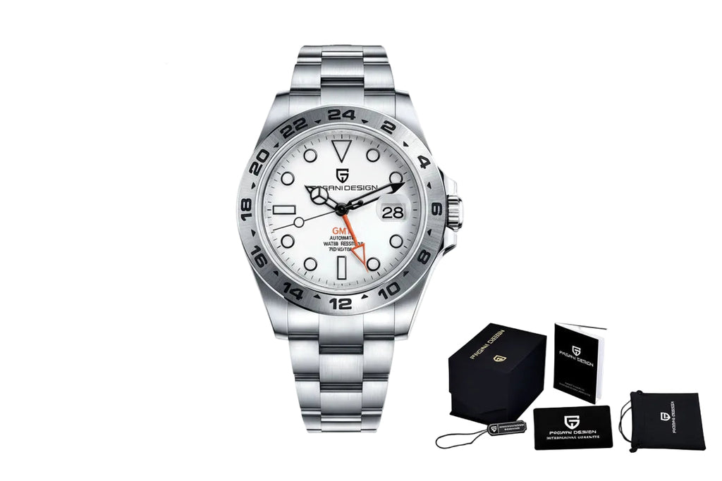 PAGANI DESIGN PD-1682 GMT Explorer II with white dial shown with gift box and accessories