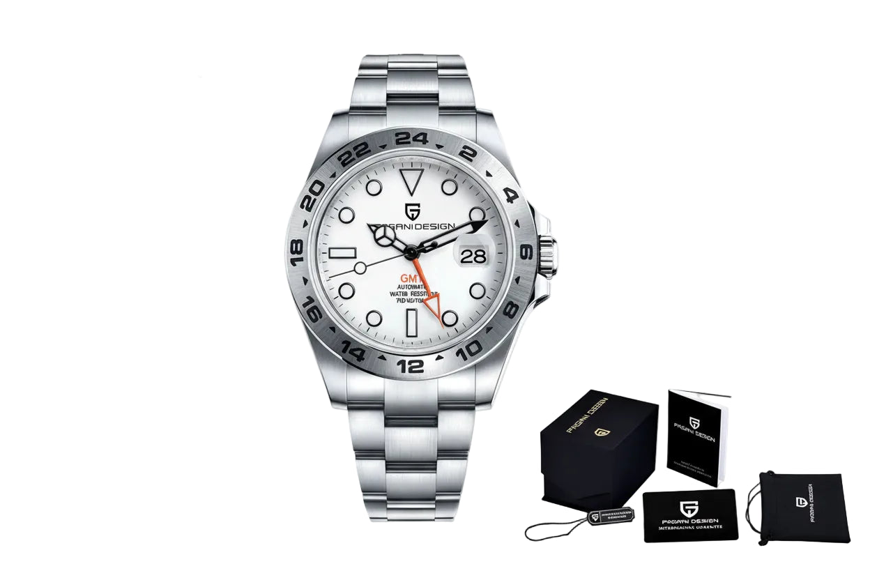 PAGANI DESIGN PD-1682 GMT Explorer II with white dial shown with gift box and accessories
