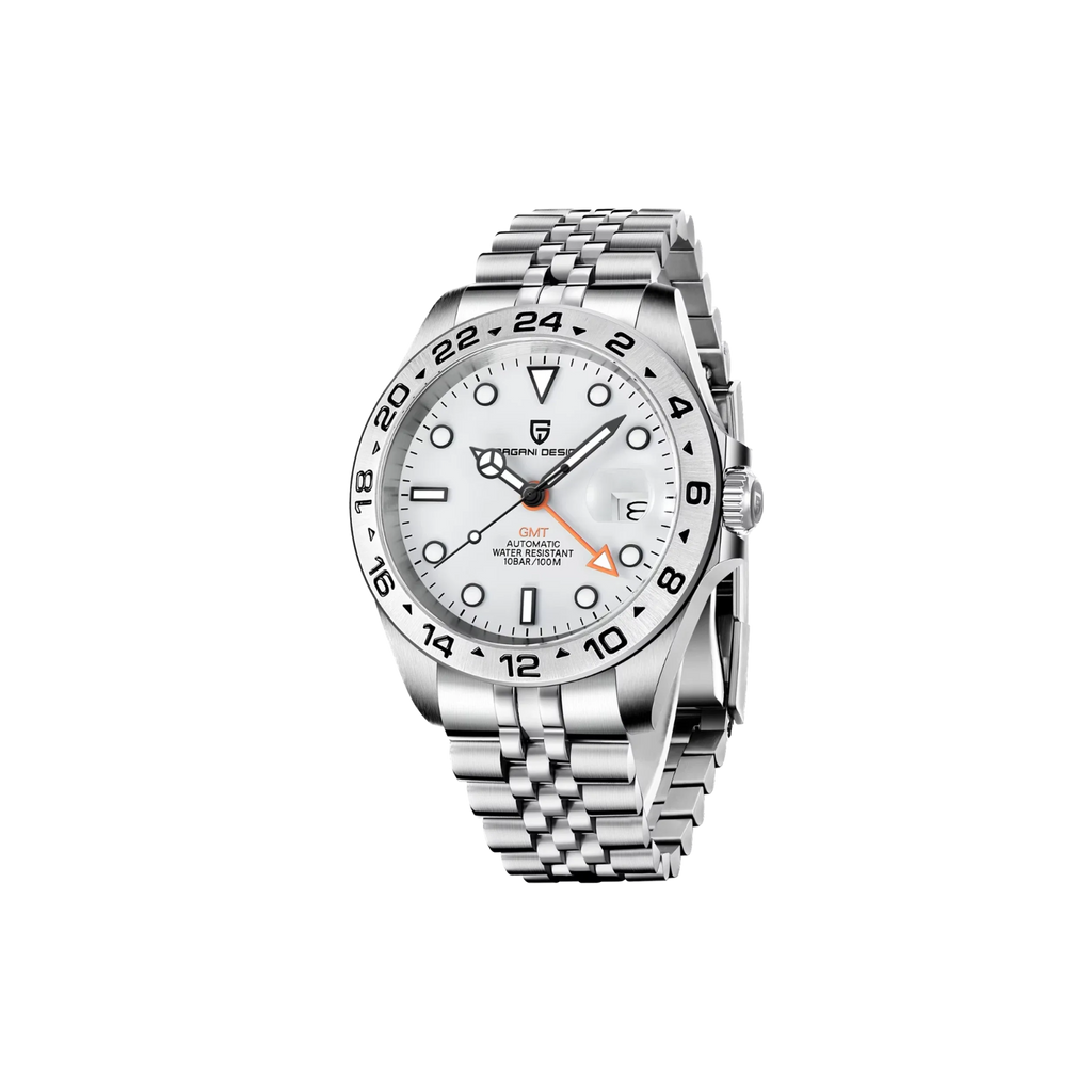 PAGANI DESIGN PD-1682 GMT Explorer II watch with white dial and steel jubilee bracelet front